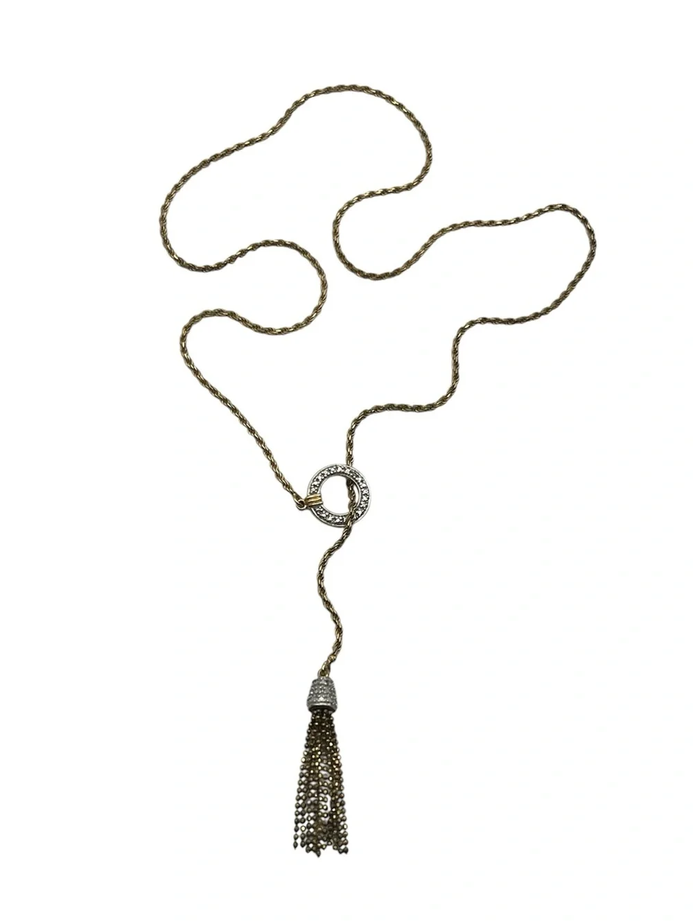 Lariat tassel necklace gold over sterling silver CZ chain
